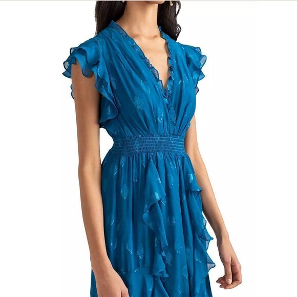 Shoshanna Maxine Metallic Midi Dress Ruffled in Dark Cerulean Blue Women's 6 NEW - Picture 2 of 9
